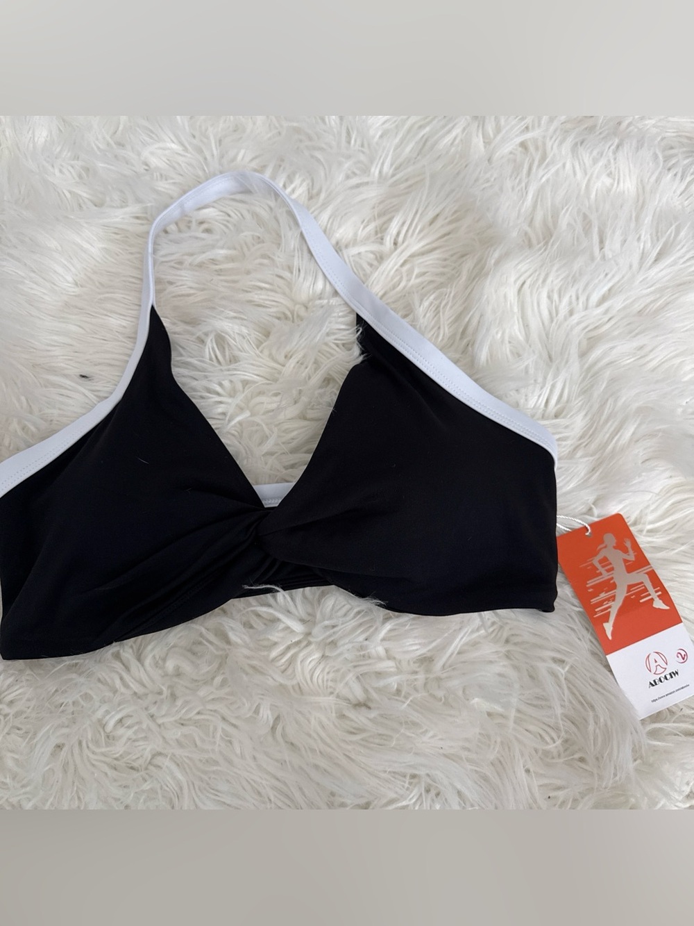 Black Bikini Top with White Trim — Twist Front Swim Bralette